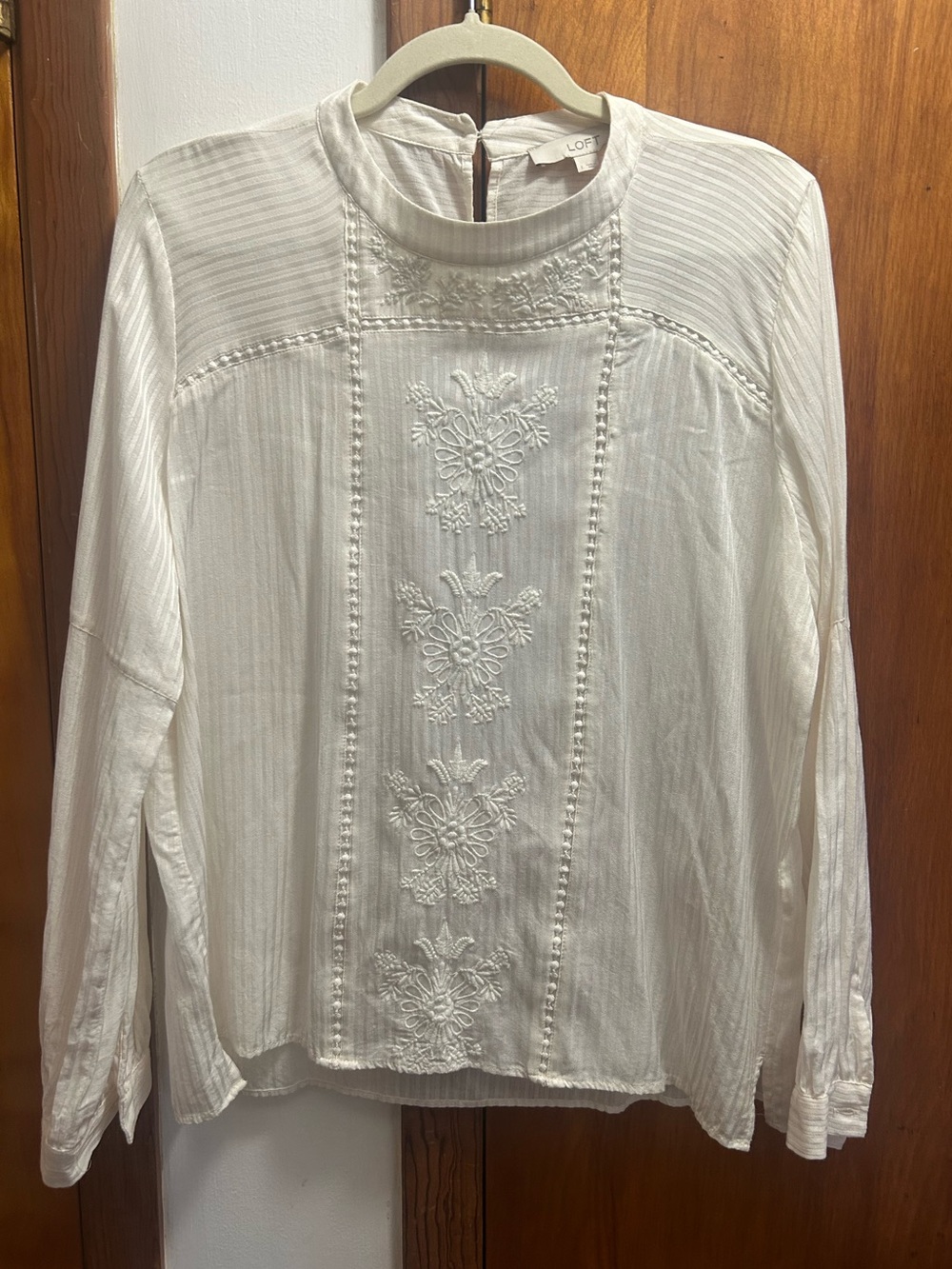 LOFT Cream Embroidered Long-Sleeve Blouse